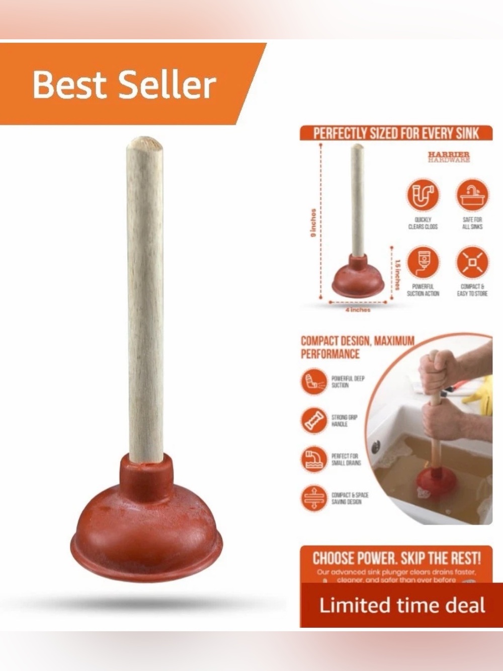 Premium 10.5in Red Sink Plunger with Wooden Handle. Small but powerful!